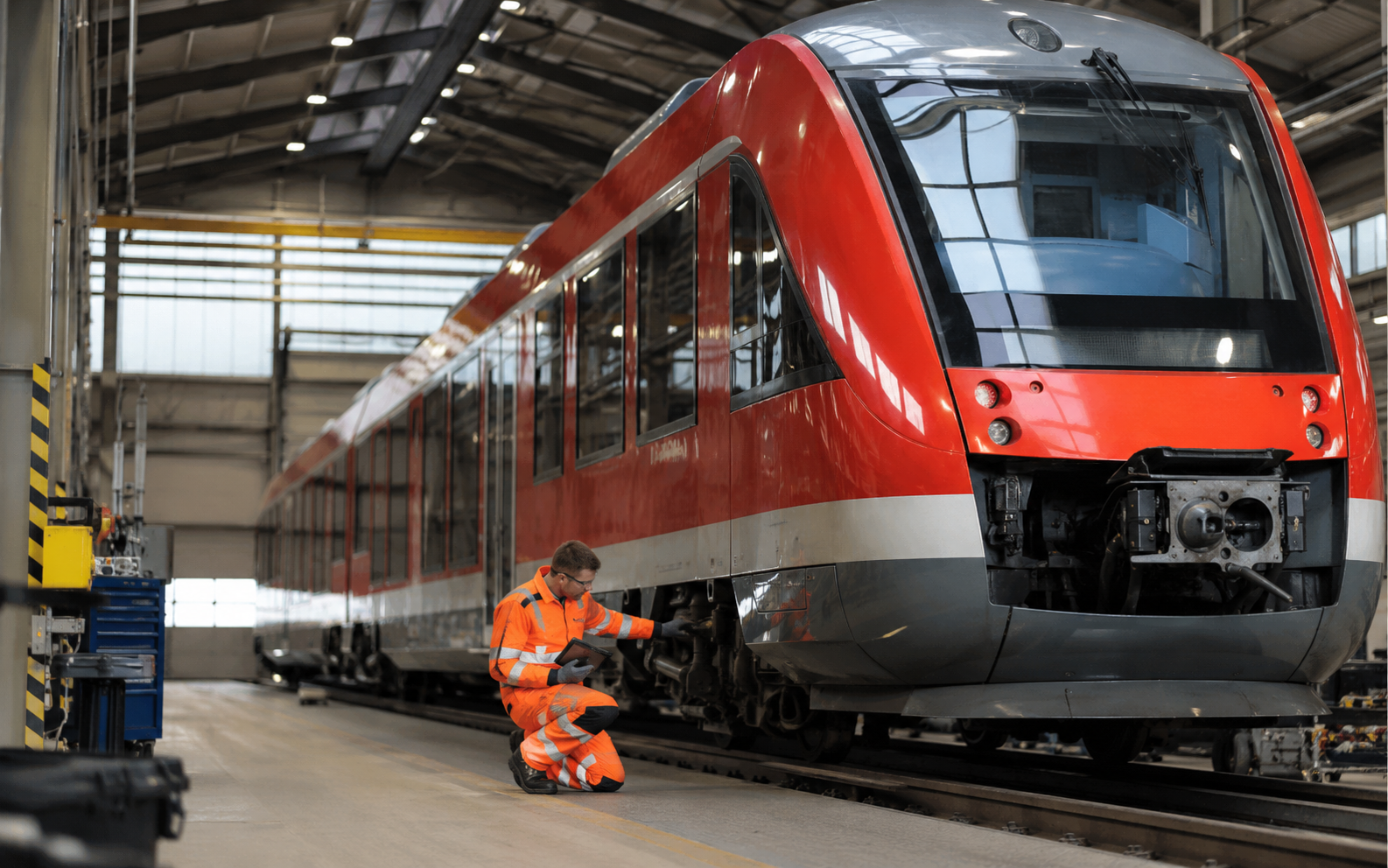 Techniker prüft einen Dieseltriebzug in einer Werkhalle während der Instandhaltung im Schienenpersonennahverkehr.