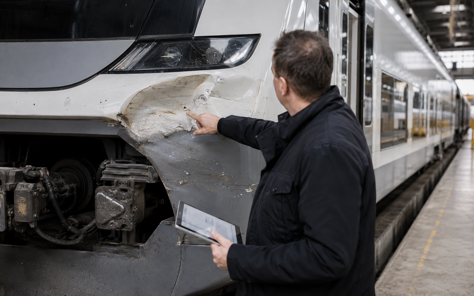 Sachverständiger begutachtet einen Schaden an einem Schienenfahrzeug für ein Versicherungsgutachten