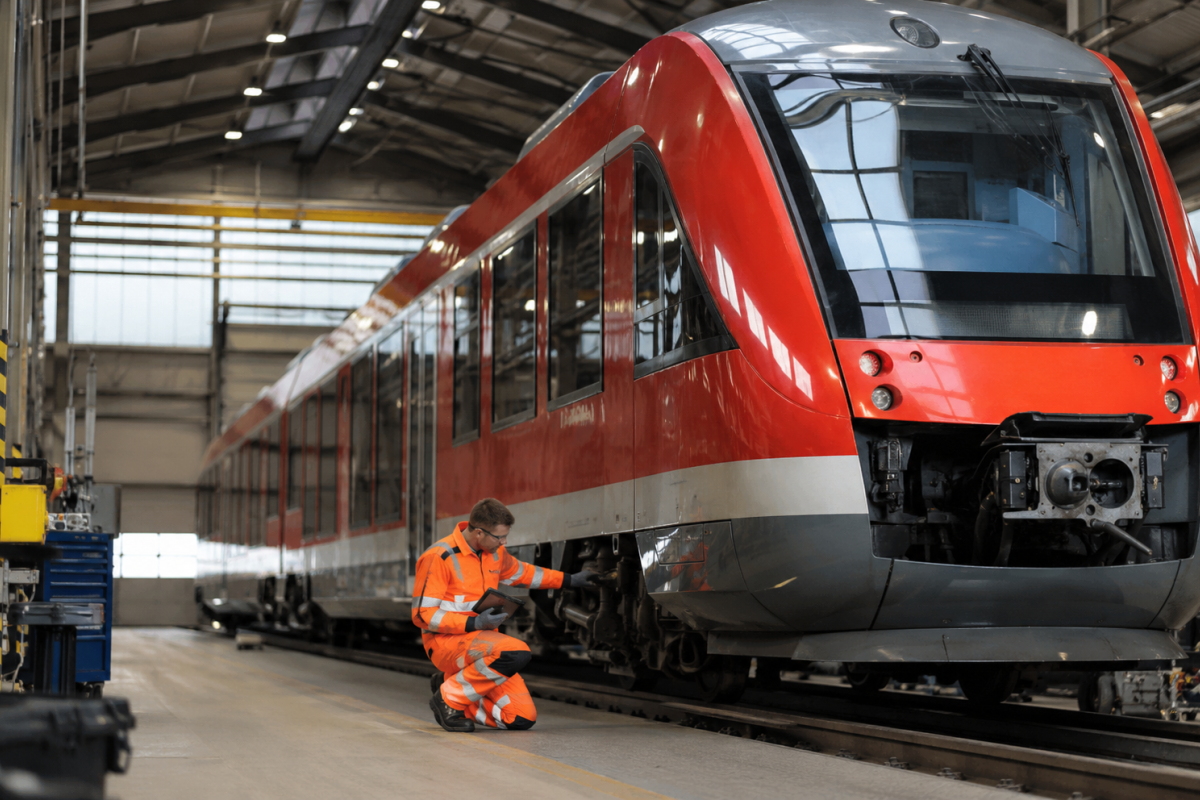 Techniker prüft einen Dieseltriebzug in einer Werkhalle während der Instandhaltung im Schienenpersonennahverkehr.