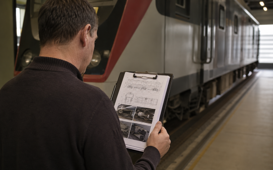 Sachverständiger prüft technische Unterlagen zu einem Schienenfahrzeug für ein Parteigutachten