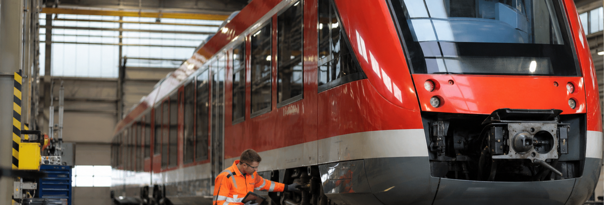 Techniker prüft einen Dieseltriebzug in einer Werkhalle während der Instandhaltung im Schienenpersonennahverkehr.