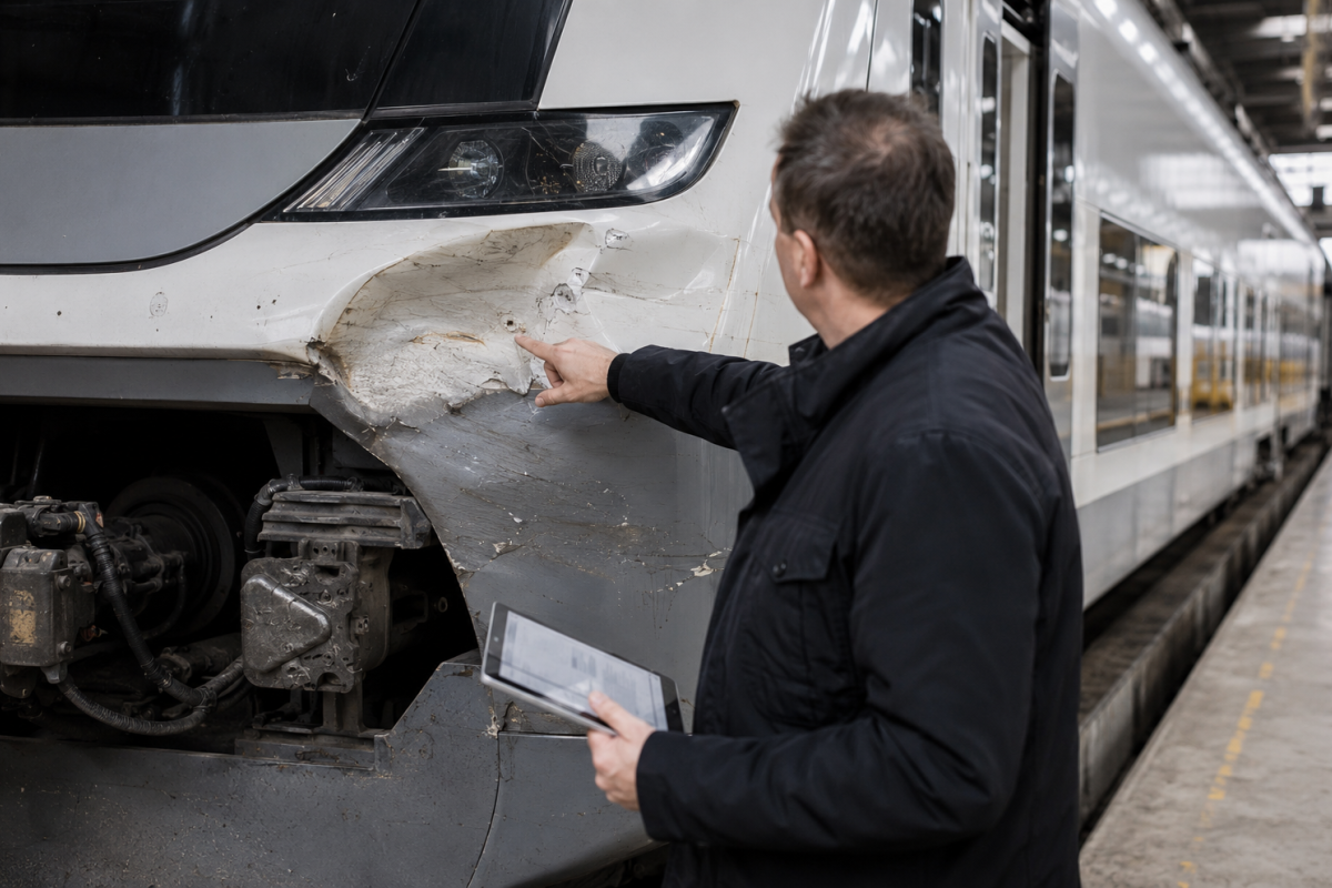 Sachverständiger begutachtet einen Schaden an einem Schienenfahrzeug für ein Versicherungsgutachten