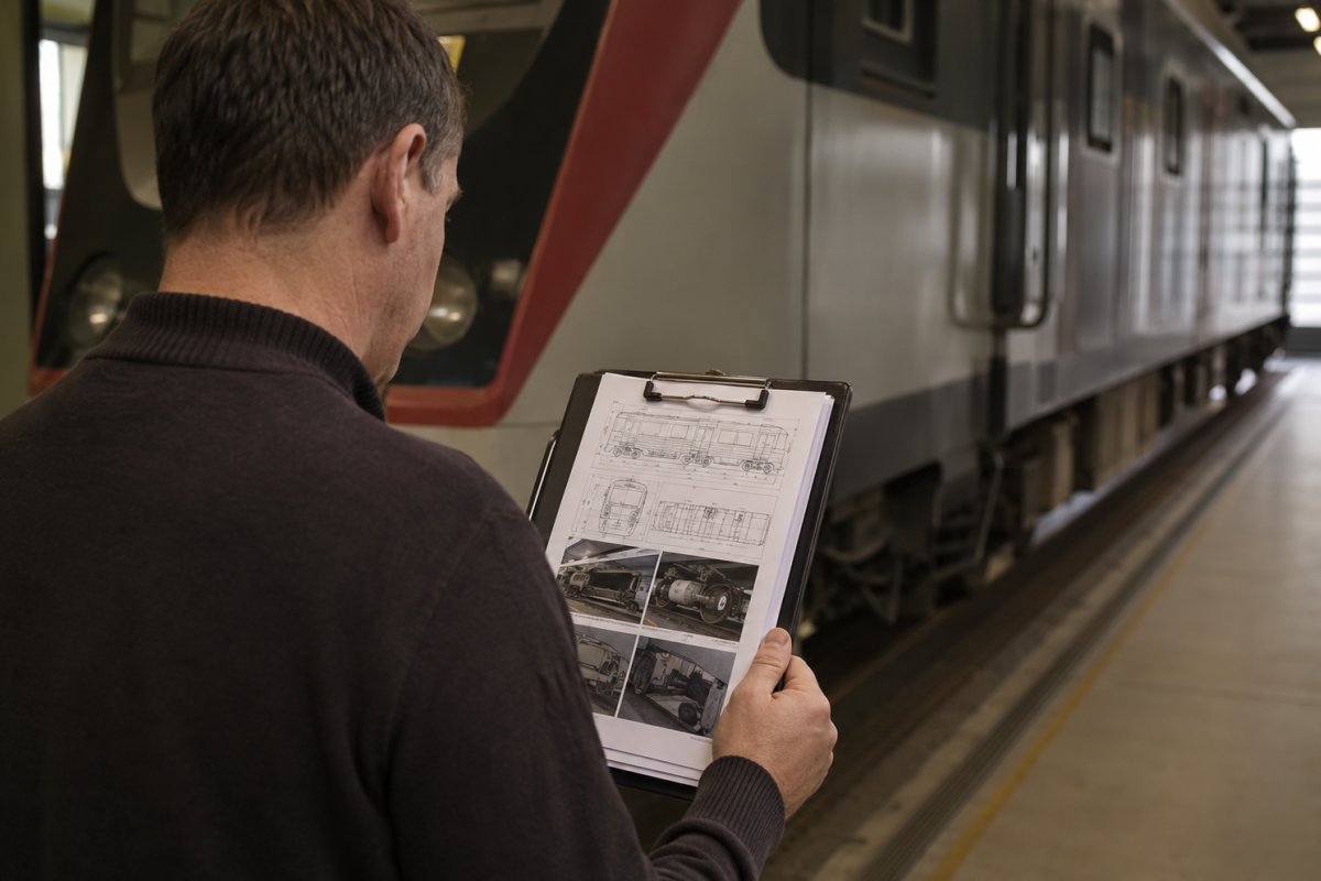 Sachverständiger prüft technische Unterlagen zu einem Schienenfahrzeug für ein Parteigutachten